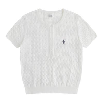 LINHOUSE法式复古亨利领针织衫短袖夏通勤气质百搭t恤毛衣上衣女