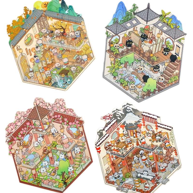 方岛古风微缩场景收纳造景贴纸3d立体中式国风小屋趣味贴画大号