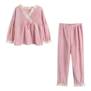 加厚珊瑚绒睡衣女秋冬蕾丝花边可爱学生外穿公主风冬季家居服套装