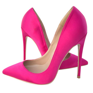 欧美新款玫红尖头高跟鞋绸缎浅口性感细跟新娘鞋婚鞋单鞋女