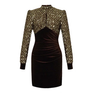 小个子礼服裙2025秋冬装新款女法式亮片拼接包臀丝绒连衣裙91391