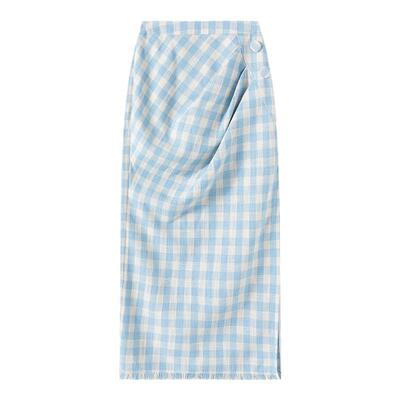 蓝白格子简约撞色长款包臀裙学院