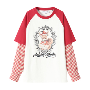 【丁程鑫张真源同款】ANDREA MARTIN 冬季新款假两件印花长袖T恤