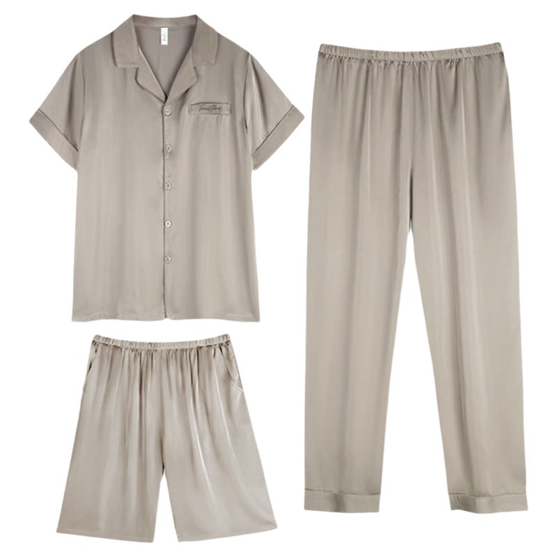 真丝睡衣夏季三件套家居服送爸爸