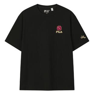 马上起飞FILA斐乐情侣短袖T恤2026春新年红色上衣男海棠花刺绣女
