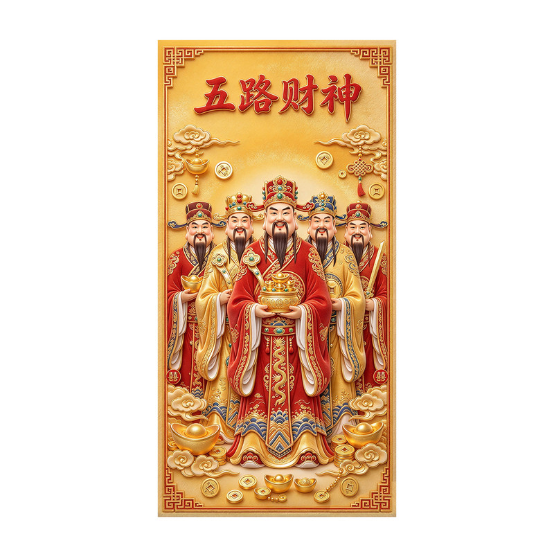 新款中式5D立体Q版对联红色喜庆五路财神爷年画客厅挂画自粘贴画