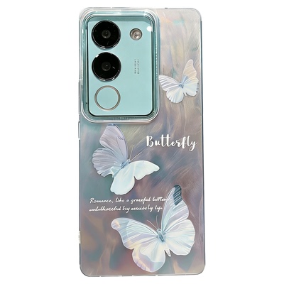 ins风小清新蓝色优雅蝴蝶适用vivos17/s18pro手机壳高级感小众s19/s20pro极光渐变手机壳s15/s12防摔保护套女