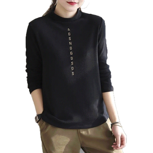 打底衫女秋冬2021双面德绒半高领短款刺绣宽松大码休闲上衣女内搭