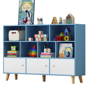 简易书架落地置物架小型收纳柜子卧室客厅格子柜实木腿书柜置物柜