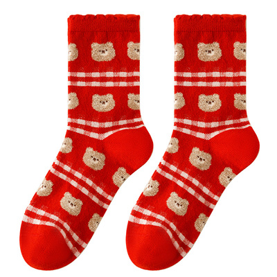 caramella新年袜子可爱红袜秋冬女款羊毛袜本命年女袜过年加厚绒