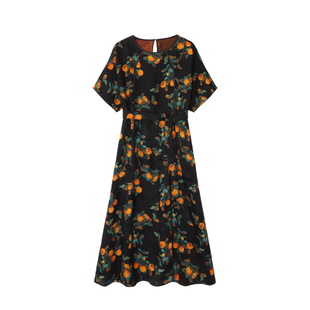 萧娘【栀夏】红云纱连衣裙桑蚕丝圆领短袖新中式宽松气质女裙5139