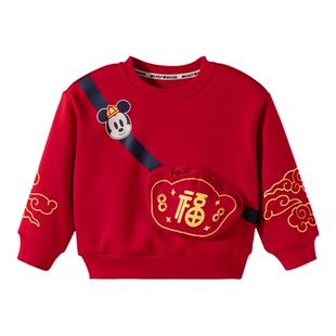 迪士尼童装男童红色卫衣儿童新年中国福字上衣宝宝秋冬加绒打底衫