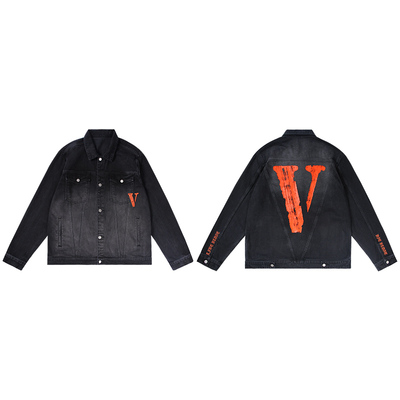 VLONE破坏大V字Logo印花刺绣渐变水洗做旧宽松牛仔外套男女同款