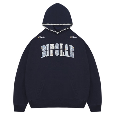 BIPOLAR纽扣蓝拼格纹连帽卫衣