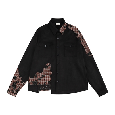 破坏感格纹拼接衬衫日常休闲