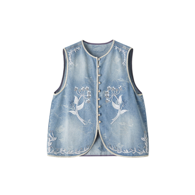 国风重工钉珠刺绣牛仔马甲女春夏