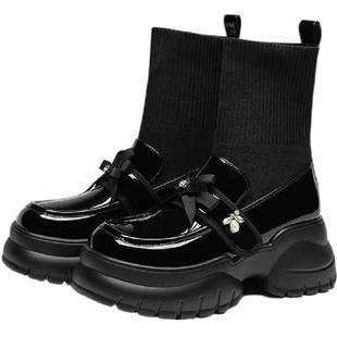 卓诗尼厚底弹力袜靴女2025新款黑色靴子女加绒小皮鞋配裙子蝴蝶结