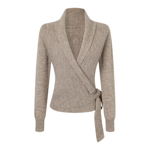 拉夏贝尔不规则系带V领长袖针织衫女秋季慵懒高级感毛衣开衫外套