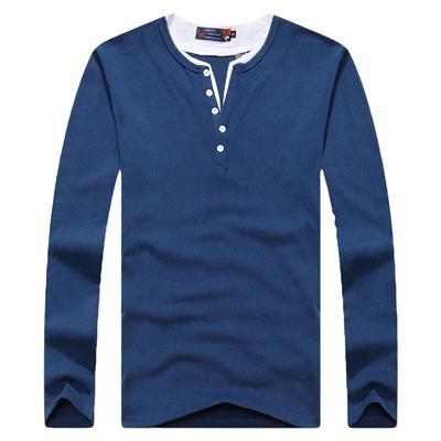 棉感休闲v领长袖t恤男大码亨利领