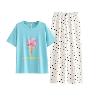 悦内睡衣女夏季夏天夏款纯棉短袖长裤简单家居服休闲大码波点套装