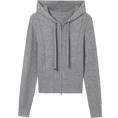 KBNE灰色针织衫长袖连帽开衫2025秋季新款气质毛衣慵懒宽松上衣女