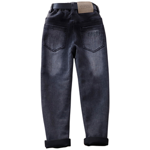 男童瘦版加绒牛仔裤中大童秋冬黑灰色修身长裤男孩裤子儿童小脚裤