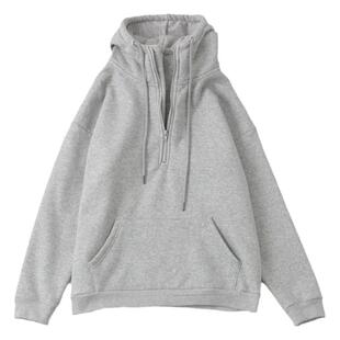 加绒加厚半拉链中高领连帽卫衣女秋冬韩版宽松百搭带帽外套黑灰色