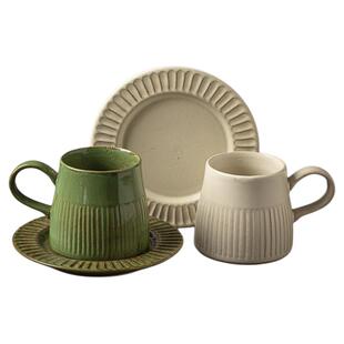 景德镇高温粗陶咖啡杯碟套装家用大肚下午茶杯陶瓷竖纹马克杯送礼