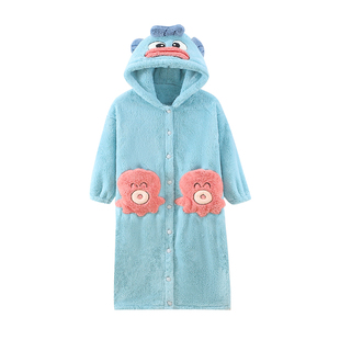 小丑鱼珊瑚绒睡袍女童冬季加厚长款睡裙女孩初中生法兰绒连体睡衣