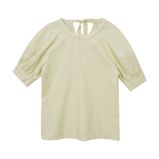 无拘2023年夏季原创简约纯色t恤泡泡袖圆领五分袖淡黄色上衣女