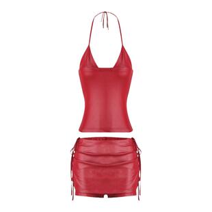 樱桃红海边辣妹套装 CSFC仿皮面假两件比基尼吊带褶皱裙裤