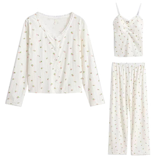 BM风甜美碎花睡衣女春秋季套装吊带胸垫长袖长裤三件套纯棉家居服