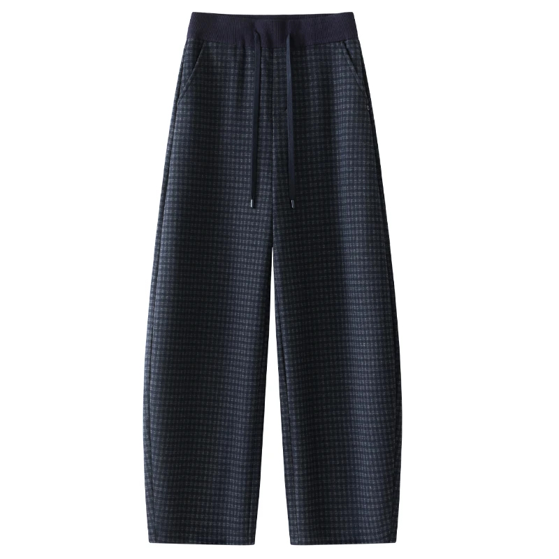 高腰显瘦加绒格子休闲弯刀裤女2025秋冬新款宽松显瘦保暖直筒裤子