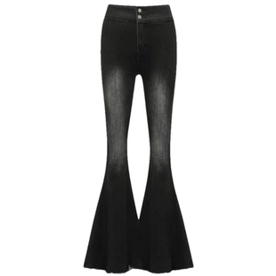 黑灰色大喇叭牛仔裤女小个子弹力修身百搭辣妹提臀鱼尾流苏拖地裤