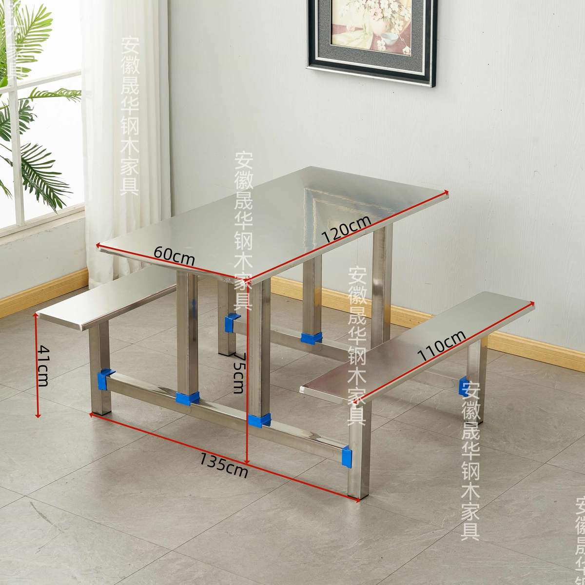 学校食堂餐桌工厂员工餐厅4加厚8人餐桌椅连体人不锈钢人快组合6