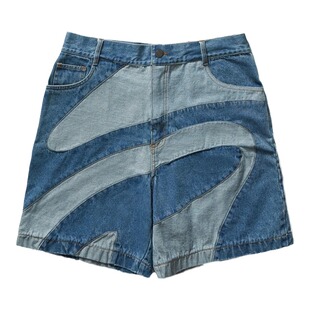 Remedy潮牌海浪波纹拼接设计五分中裤子夏季美式复古牛仔短裤男