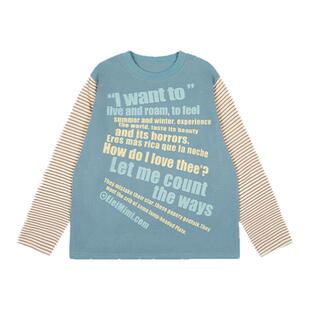 local aliens外星沙龙美式复古条纹拼接印花长袖t恤宽松圆领内搭