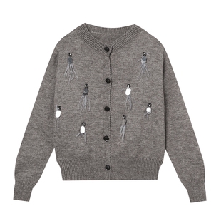 白鹿语个性亮片毛感毛衣2024冬款时尚圆领长袖微弹女式开衫外套