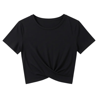 Solid round neck pleated open navel top纯色圆领褶皱露脐上衣