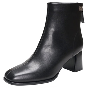 特价COMELY康莉2025方头粗跟短靴牛漆皮后拉链高跟单靴女KYQ48630