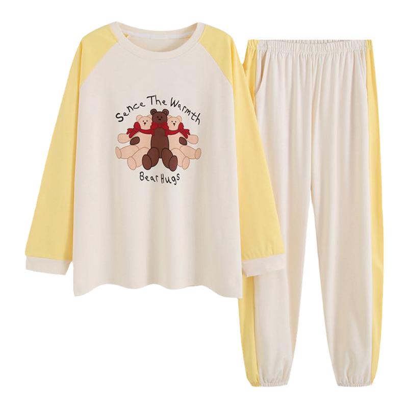 HEARMES 卡通小熊睡衣女春秋季纯棉长袖圆领休闲可外穿家居服套装