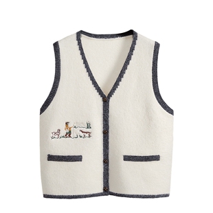 她池刺绣针织马甲2026春装新款女时尚洋气撞色宽松单排扣V领马夹