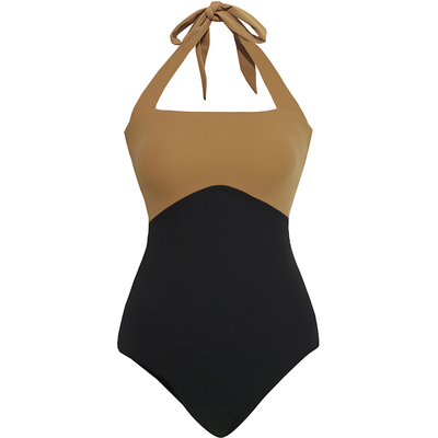 visualmood黄黑撞色挂脖泳衣女