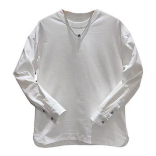 春秋韩版长袖T恤男纯色宽松套头开叉打底衫青年 百搭圆领休闲卫衣
