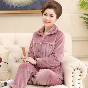 秋冬季珊瑚绒妈妈睡衣女中老年人加厚法兰绒老人中年妇女保暖套装
