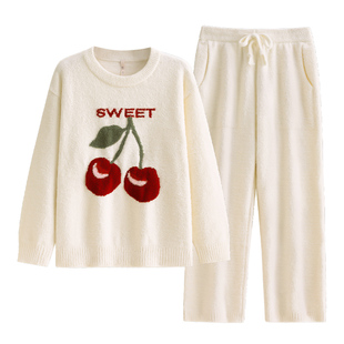 悦内半边绒睡衣女款秋冬季冬款珊瑚绒加绒加厚保暖家居服圆领套头