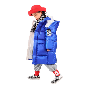 韦氏男女童羽绒服宝宝外套童装连帽中长款加厚创意臂章休闲