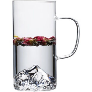 圆形玻璃泡茶杯加厚耐高温水杯子商用绿茶杯纯色带把观山杯300ML