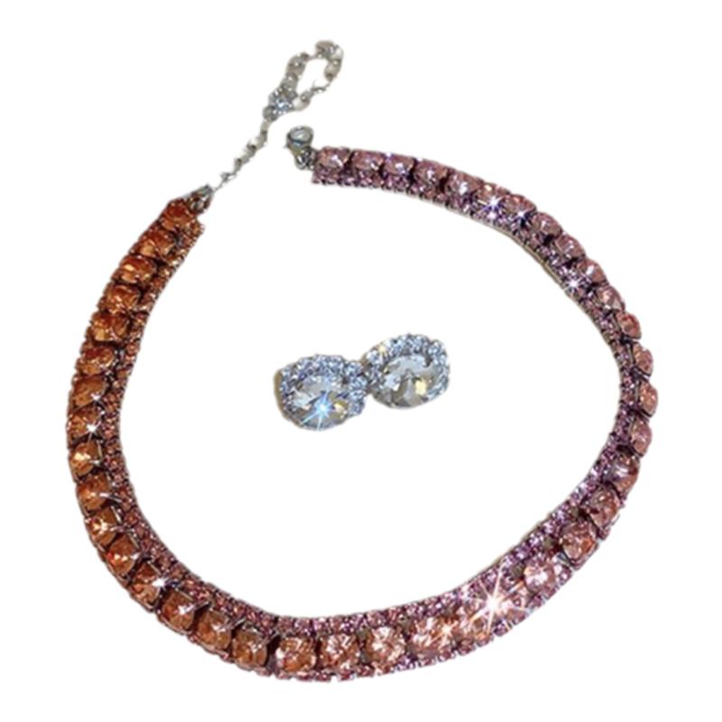 跨境方圆锆石耳钉项链套装法式轻奢百搭锁骨链2024新款高级感饰品