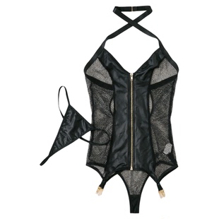 挂脖露背网纱拼接拉链塑身连体衣女紧身包臀 Sheer Lace Bodysuit